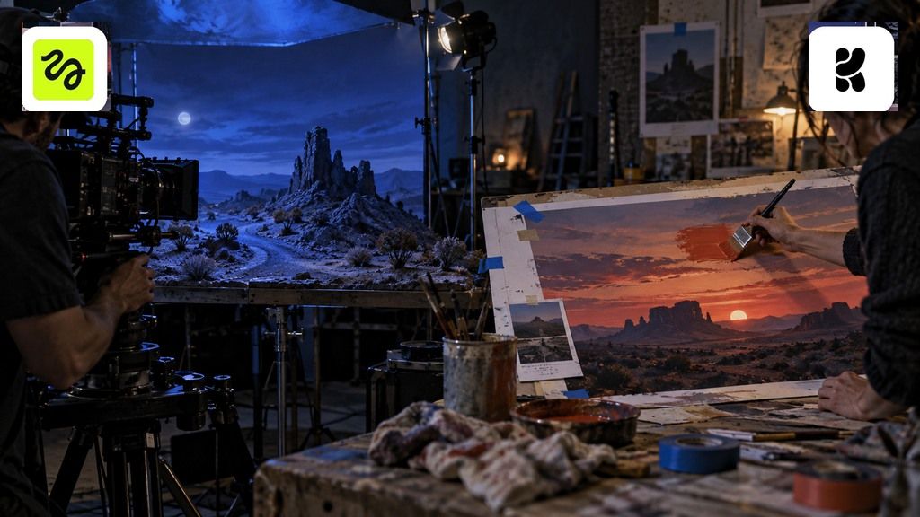 Filmmaking and visual editing workspace with Higgsfield and Krea logos