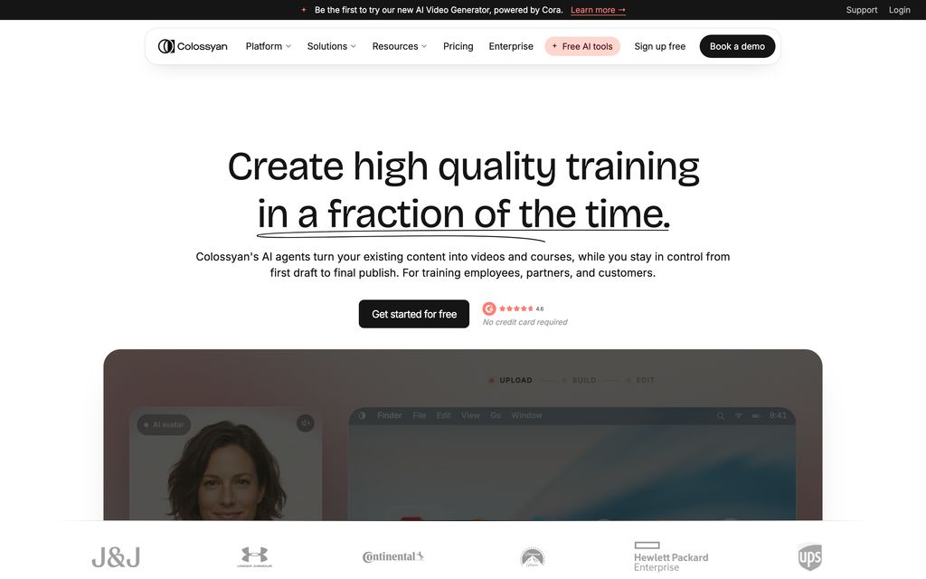 Colossyan homepage: "Create high quality training in a fraction of the time" — AI agents turn existing content into videos and courses for training employees, partners, and customers