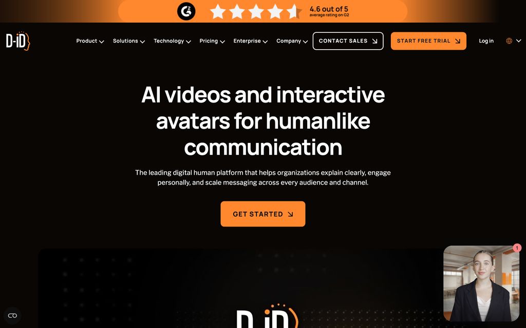 D-ID homepage: "AI videos and interactive avatars for humanlike communication" — a digital human platform, rated 4.6 out of 5 on G2 in the header banner