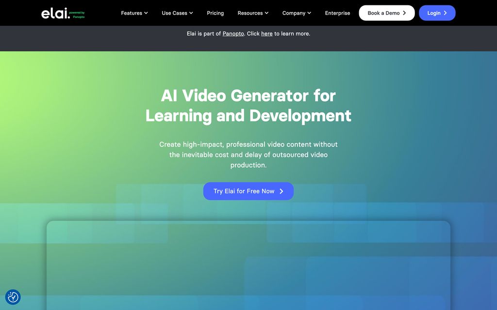 Elai homepage: "AI Video Generator for Learning and Development" — with a banner noting Elai is part of Panopto