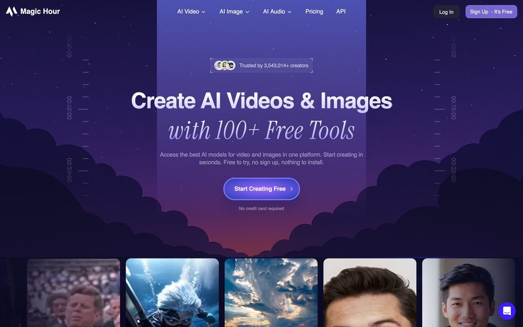 Magic Hour homepage: "Create AI Videos & Images with 100+ Free Tools" — one platform for the best AI models for video and images, free to try with no sign up