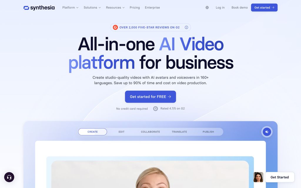 Synthesia homepage: "All-in-one AI Video platform for business" — studio-quality videos with AI avatars and voiceovers in 160+ languages