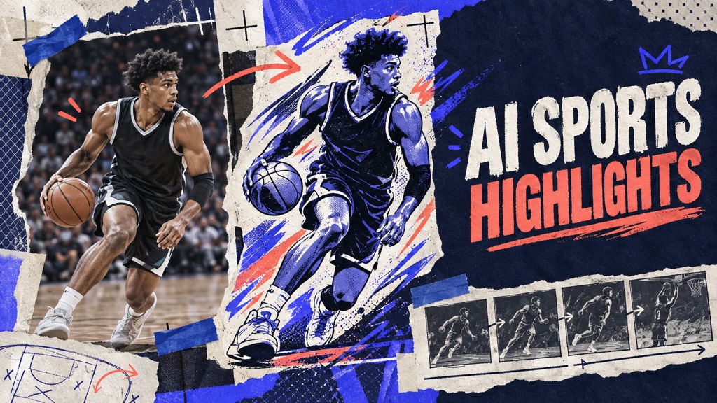Editorial sports collage showing a basketball clip transformed into a comic-style AI highlight