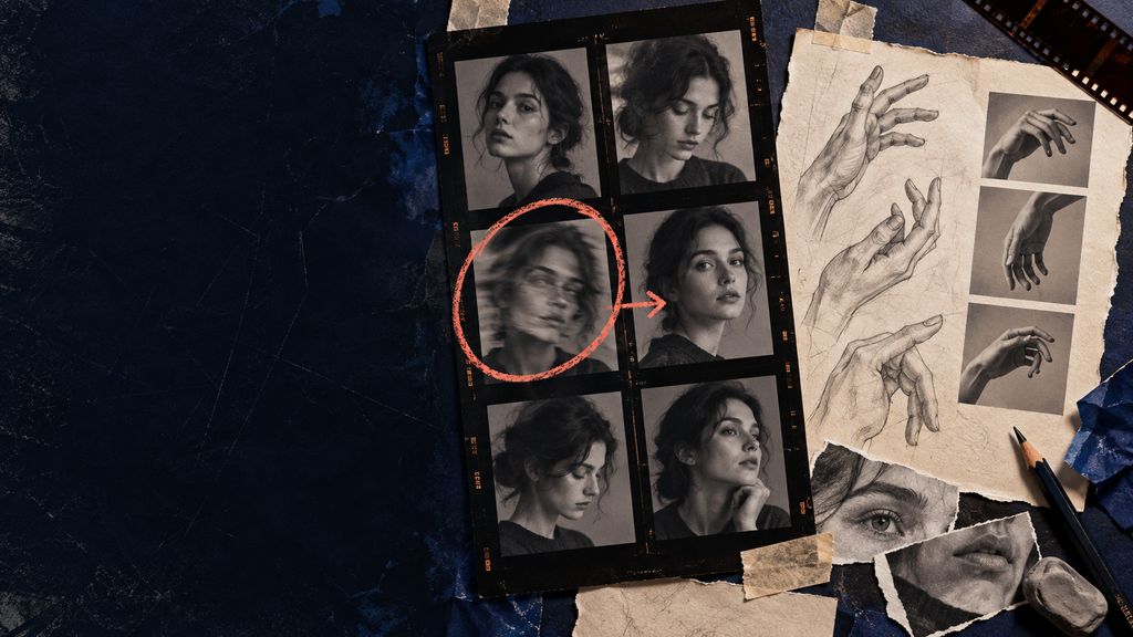 A portrait contact sheet and hand gesture studies, one distorted frame circled in coral, a clean pose reference beside it; respectful realistic human anatomy