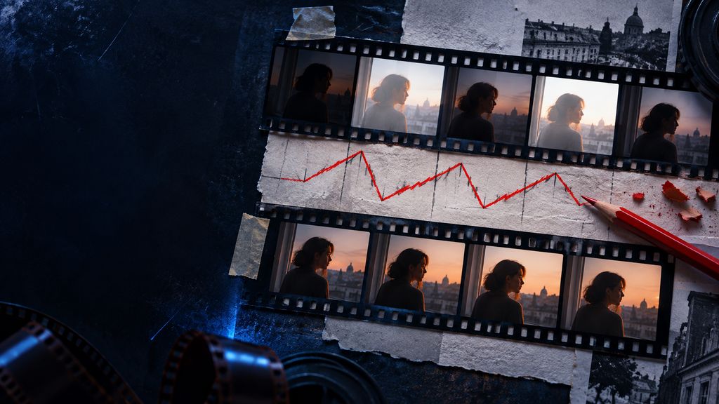 Adjacent film frames with visibly inconsistent light levels, a red pencil zigzag marking exposure jumps, and a corrected strip with steady lighting