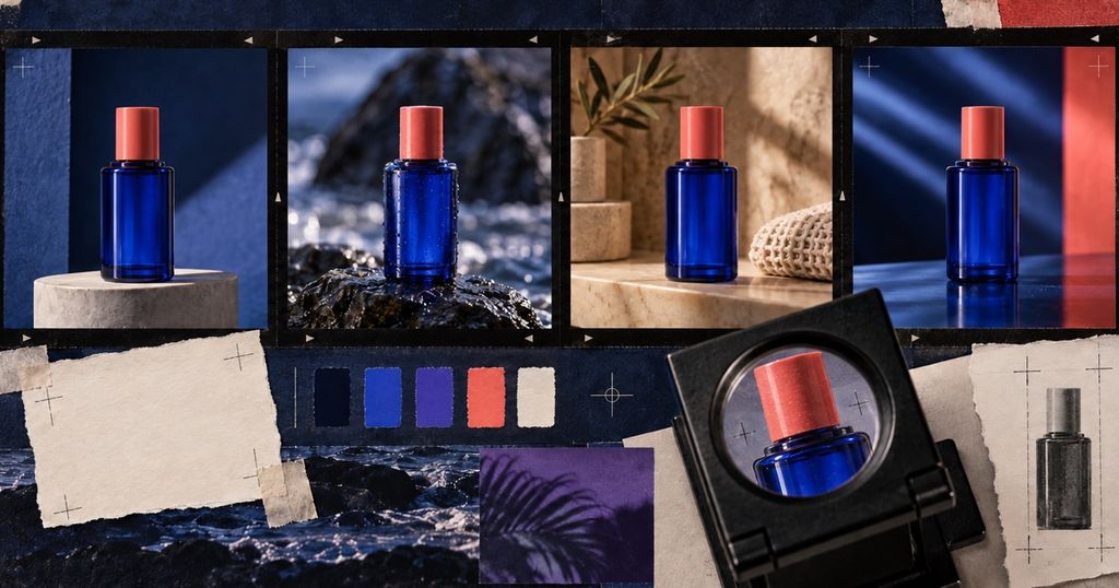The same blue product bottle preserved across four cinematic AI video scenes