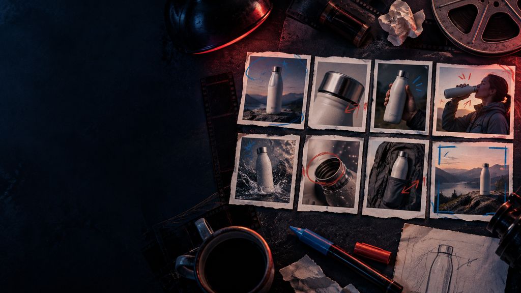 Eight hand-cut storyboard frames of one consumer product: hero, detail, use, proof, close, all on a director's desk with blue-red editing marks
