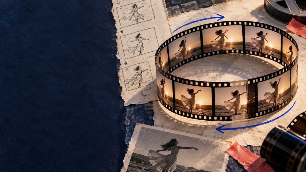 A circular strip of film physically joined end-to-start, matching first and last frames of a moving dancer, blue pencil arrows showing the loop