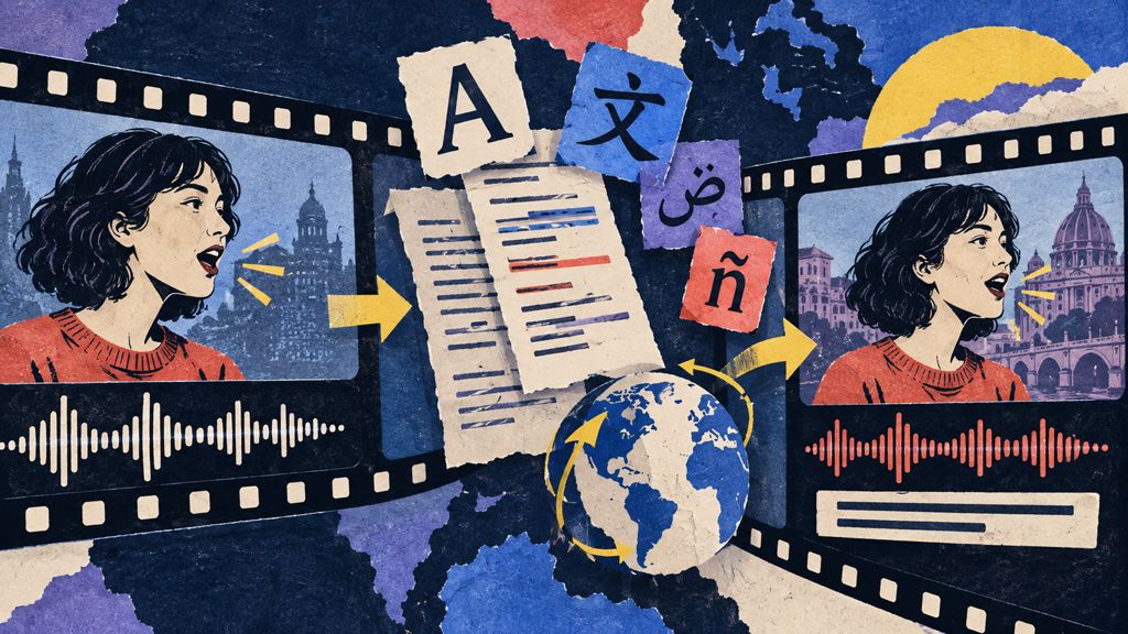 Handmade editorial collage showing a video translated from one language into another