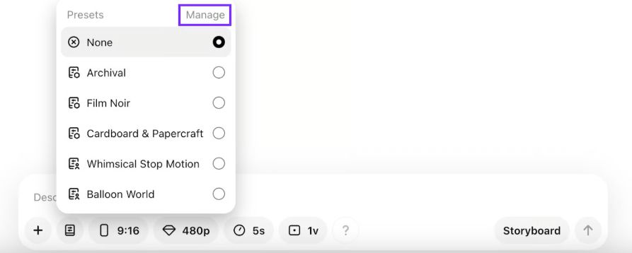 Sora AI style presets menu displaying cinematic, anime, and realistic styles