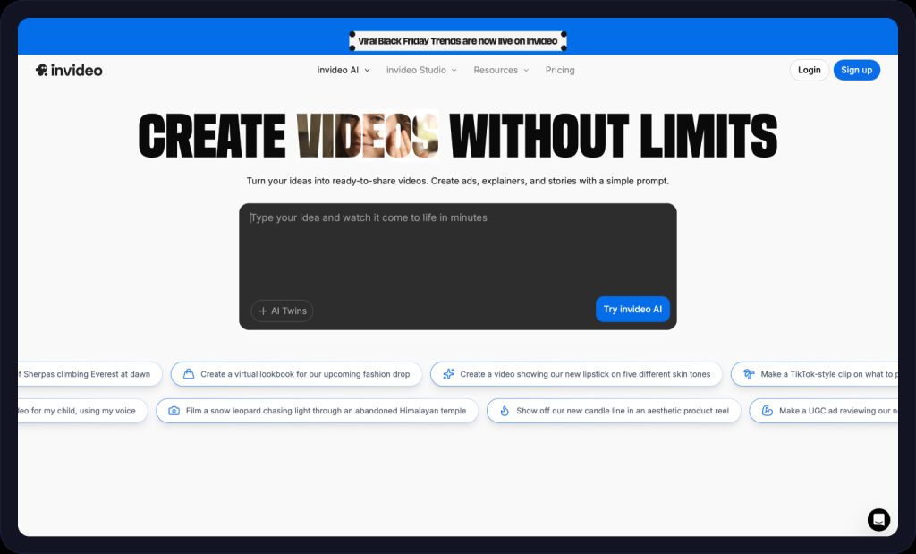 Screenshot of the Invideo homepage.
