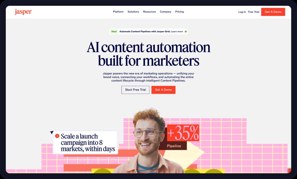 Screenshot of the Jasper AI homepage.