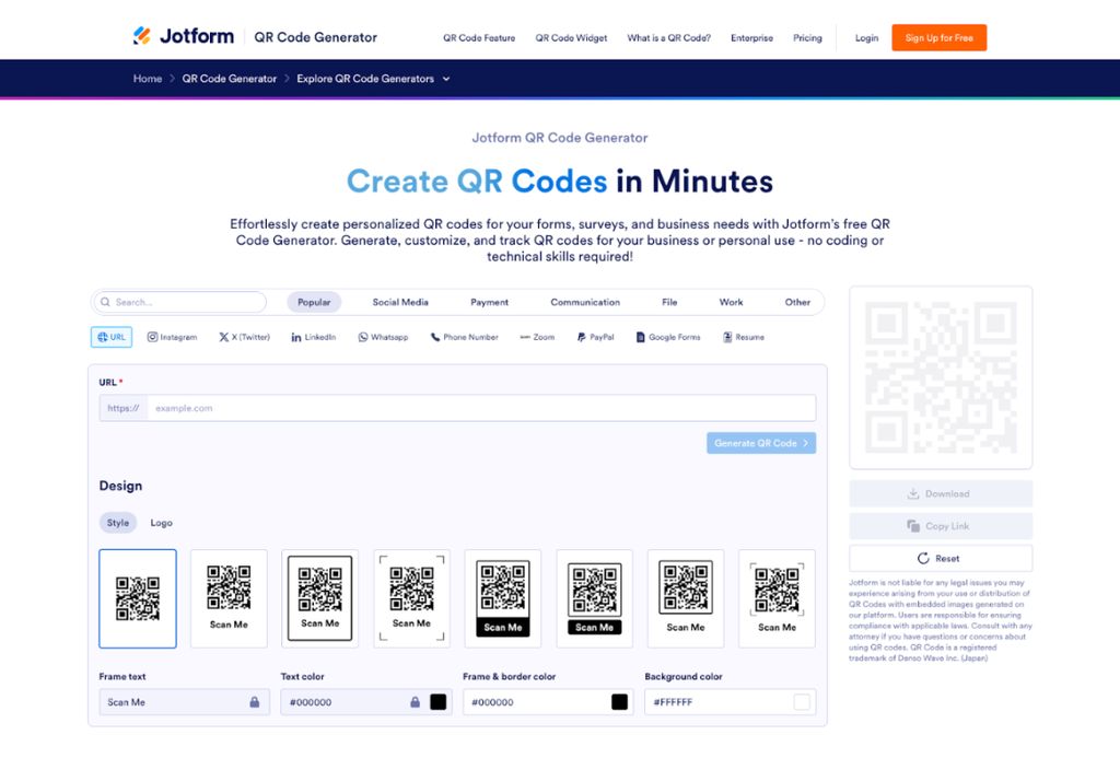 Screenshot of Jotform QR code feature
