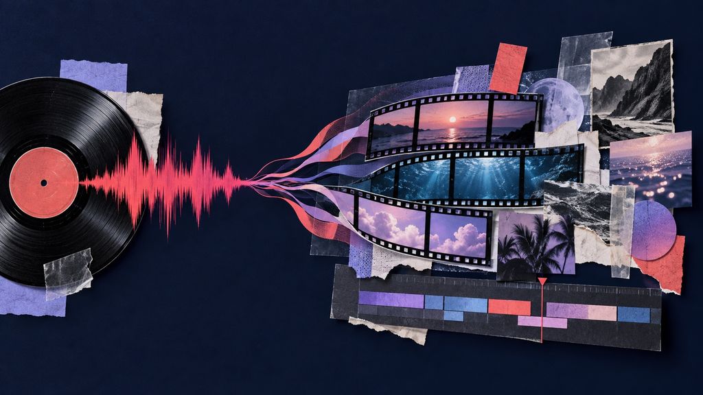 Editorial collage of a vinyl record, audio waveform, film strips, and editing timeline representing an AI music-video workflow