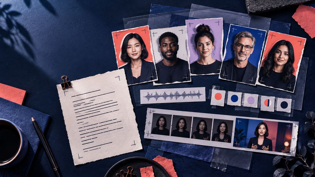 Editorial studio collage of portrait cutouts, a script card, language tabs, and an audio waveform