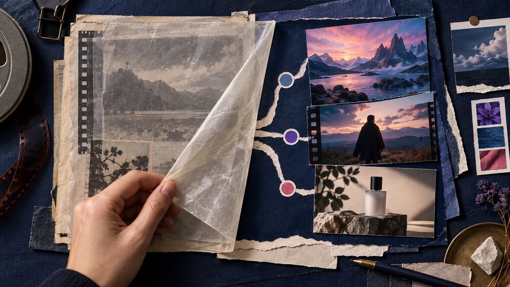 Editorial collage showing an archival creative-tool layer peeled back to reveal current image, video, and product workflows