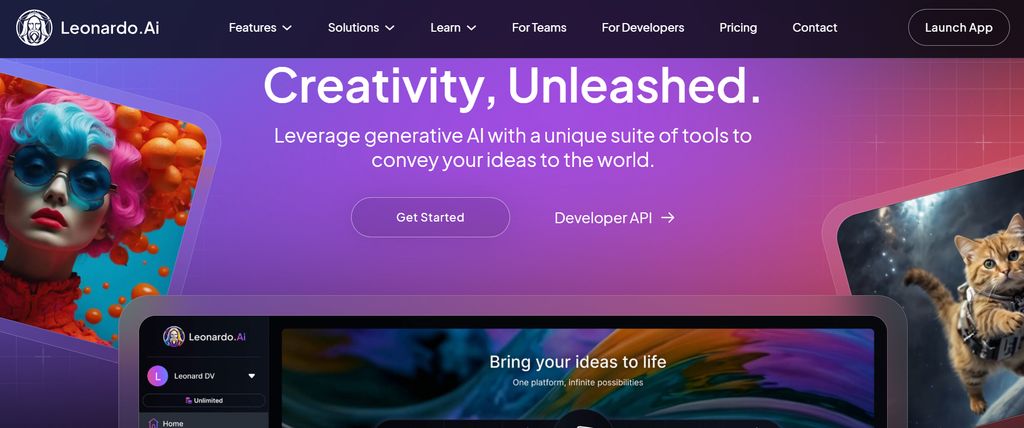 Leonardo AI homepage showcasing photorealistic renders and animated character outputs