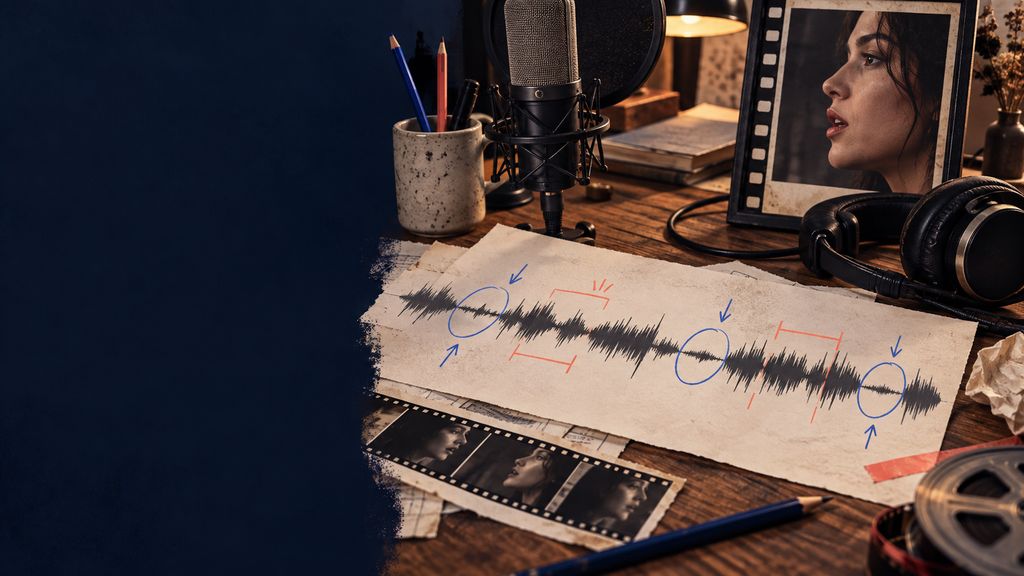 A real sound-editing desk with microphone, waveform printout, marked breaths and pauses, headphones and a portrait frame