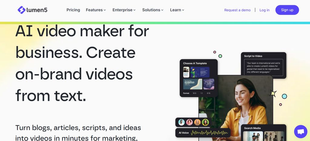 Lumen5 interface converting a blog article into a short social media video with automated storyboard, stock visuals, and text overlays