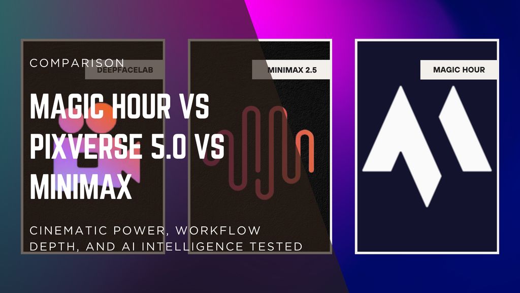 Comparison preview of Magic Hour, PixVerse 5.0, and MiniMax AI video outputs showing cinematic, realistic, and narrative-driven scenes side by side.