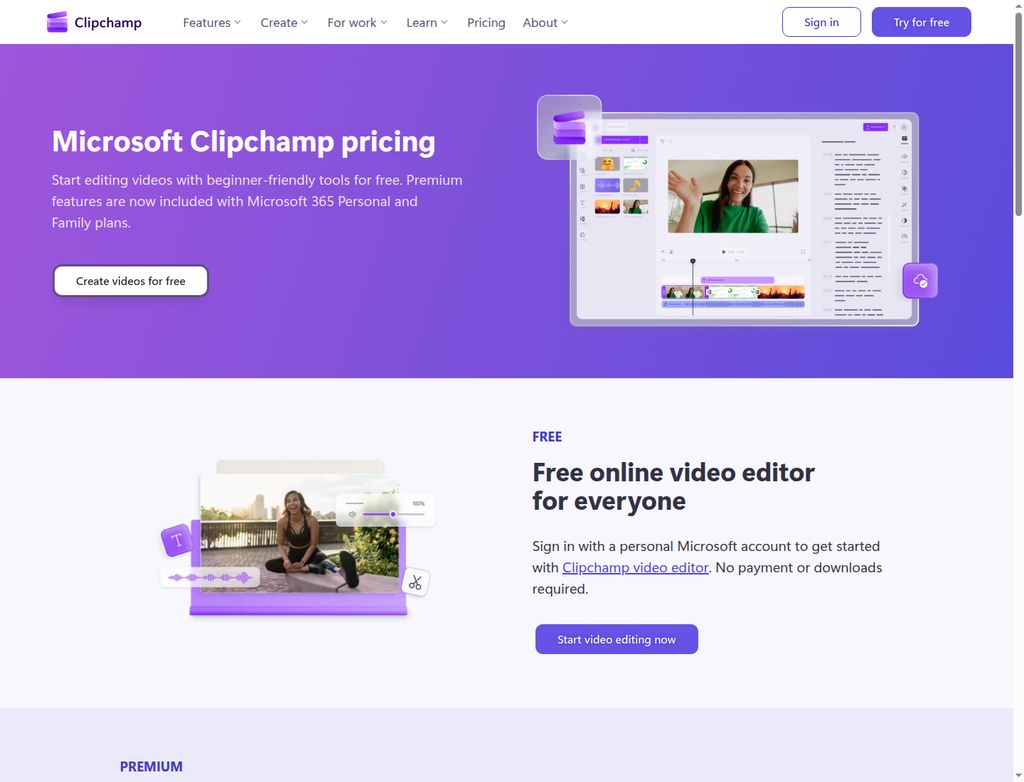 Microsoft Clipchamp official personal pricing page showing its free editor and personal-account requirement; captured October22,2026.