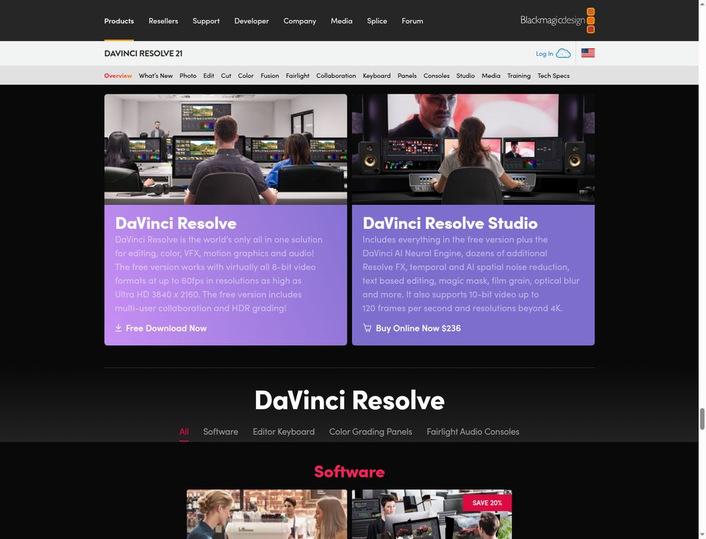 Blackmagic Design official DaVinci Resolve Free and Studio feature comparison; temporary offer shown as captured October22,2026.