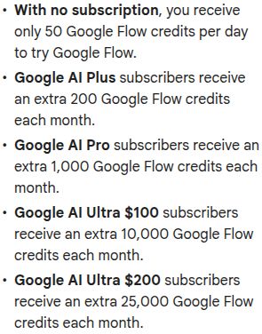 Google Flow Help lists 50 daily credits without a subscription, plus monthly subscription allowances of 200 for Plus, 1,000 for Pro, 10,000 for Ultra $100 and 25,000 for Ultra $200.
