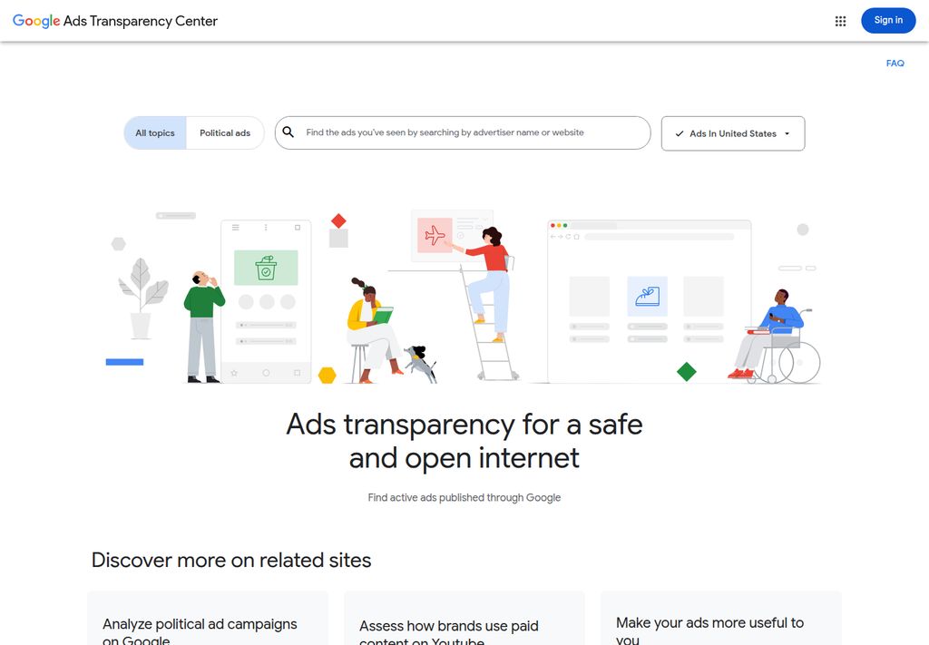 Google Ads Transparency Center public search page with United States selected, captured October 27, 2026; no competitor performance results are shown.