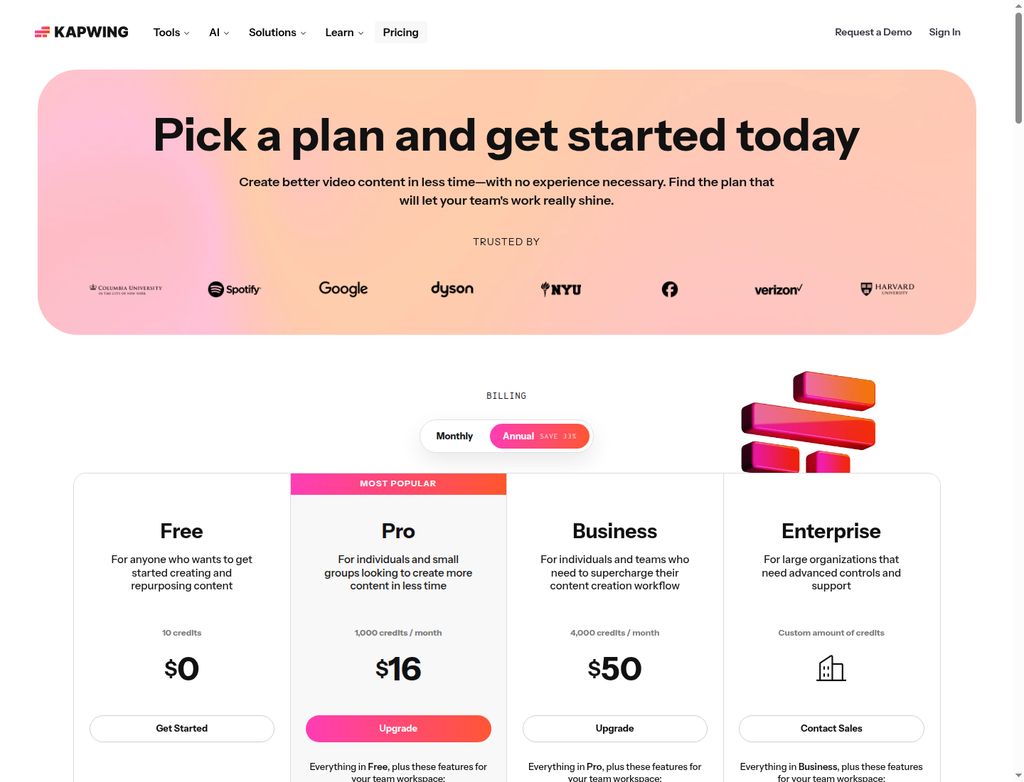 Kapwing official pricing page with Annual billing selected and Free/Pro/Business/Enterprise cards; captured October22,2026.
