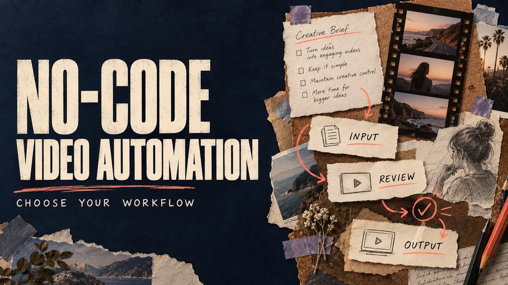 Handcrafted production-board collage linking input, review and output, with the headline No-Code Video Automation.