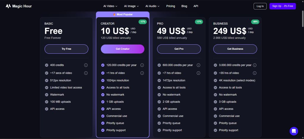 Magic Hour with 2025 AI video pricing plans starting at $10 per month.