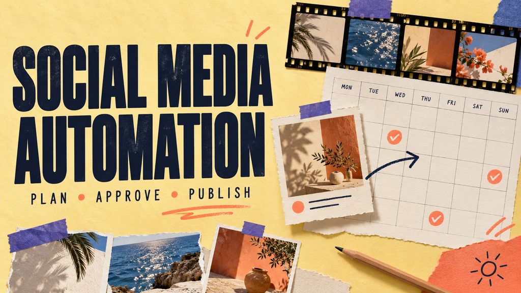 Editorial collage of a weekly publishing calendar and content cards, with the headline Social Media Automation.