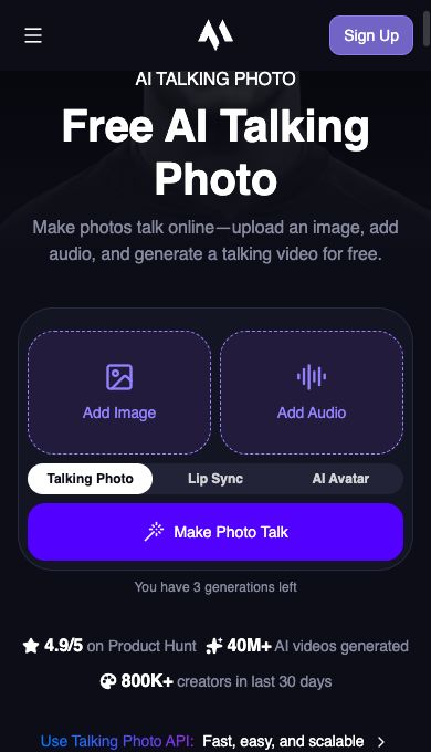 Magic Hour Talking Photo mobile interface with separate Add Image and Add Audio inputs, captured October 2, 2026; no generated output