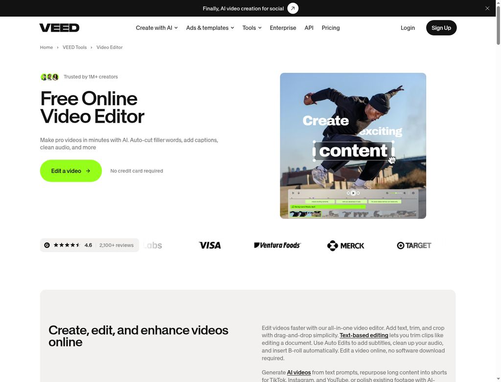 VEED official online editor page showing its caption and editing interface illustration; captured October22,2026.