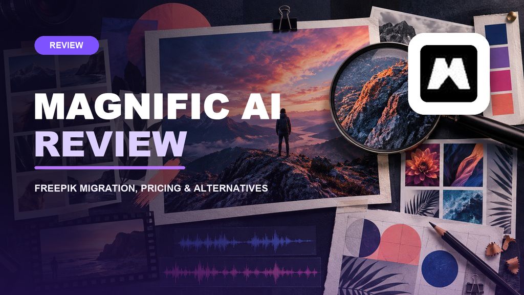Magnific AI review cover with the official Magnific logo and AI image upscaling imagery