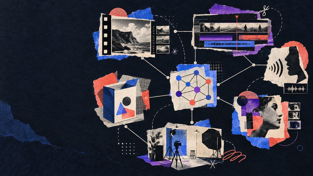 Hand-cut editorial collage mapping AI video creation workflows