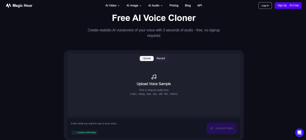 Magic Hour AI voice cloning interface showing voice samples, cloning settings, and editor controls.