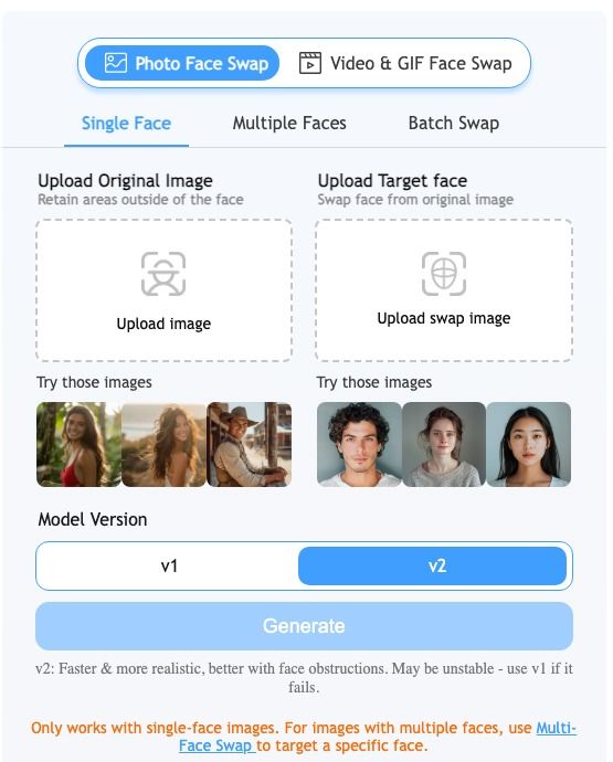 Remaker photo face-swap form showing original and target face uploads, captured September 27, 2026