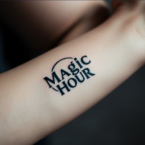 Magic Hour logo tattoo on forearm, realistic skin blending and shadows.