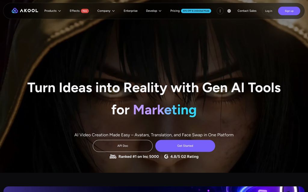 Akool homepage: "Turn Ideas into Reality with Gen AI Tools for Marketing" — avatars, translation, and face swap in one platform, with an API Doc button in the hero