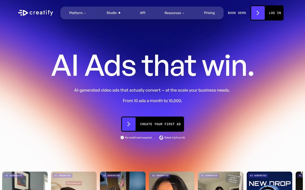 Creatify homepage: "AI Ads that win" — AI-generated video ads at scale, from 10 ads a month to 10,000