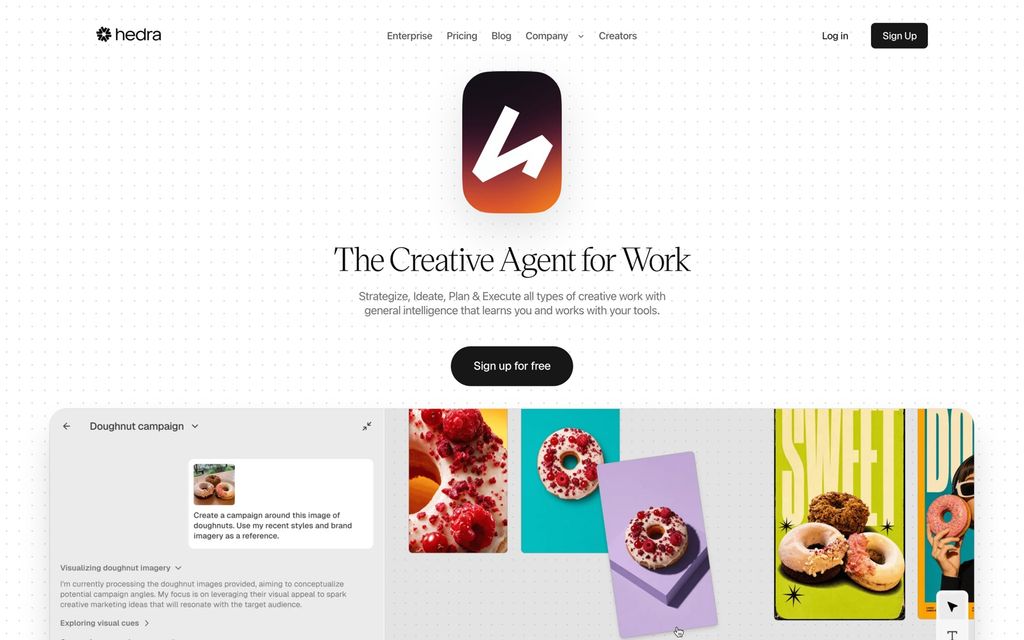 Hedra homepage: "The Creative Agent for Work" — strategize, ideate, plan and execute creative work, shown planning a campaign from a product image