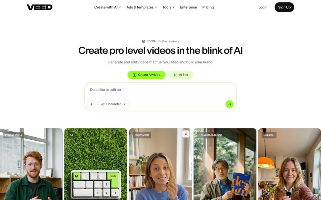Veed homepage: "Create pro level videos in the blink of AI" — a prompt box for generating and editing videos sits above a strip of template categories