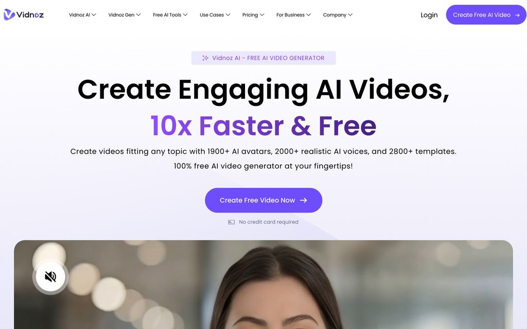 Vidnoz homepage: "Create Engaging AI Videos, 10x Faster & Free" — 1900+ AI avatars, 2000+ realistic AI voices, and 2800+ templates