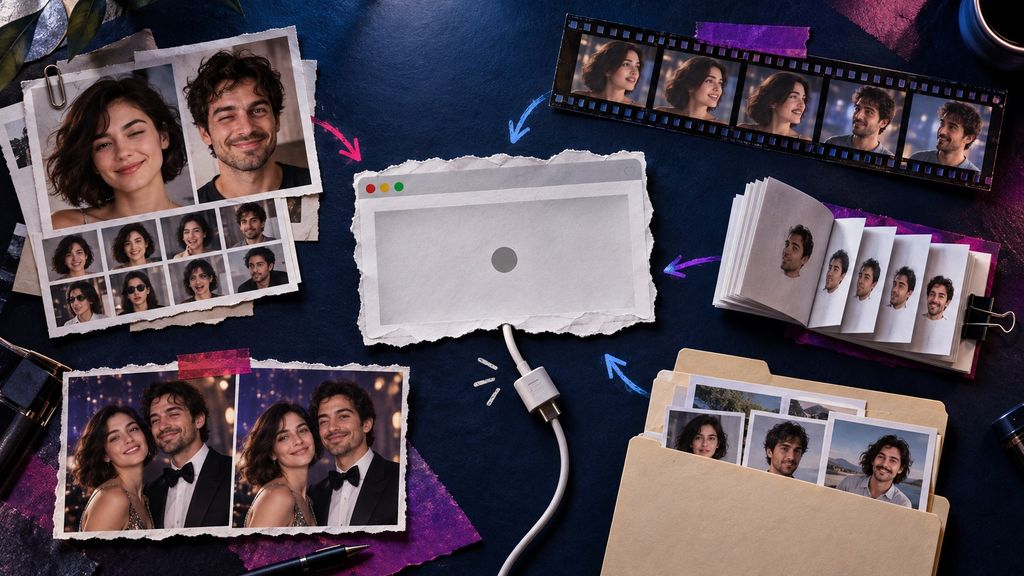 Editorial collage of an unavailable browser card surrounded by active photo, video, GIF and local face-swap routes