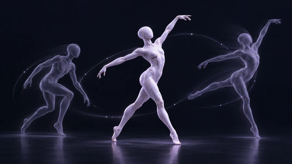 Editorial illustration of a ceramic character moving through a dance sequence; not a product output comparison