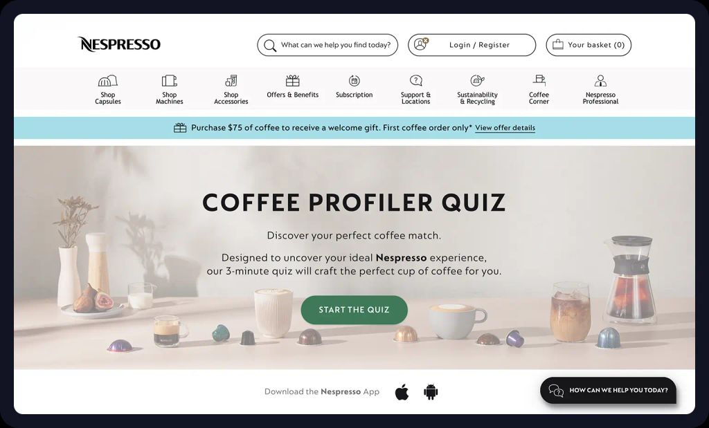 Nespresso's coffee profiler interactive quiz.