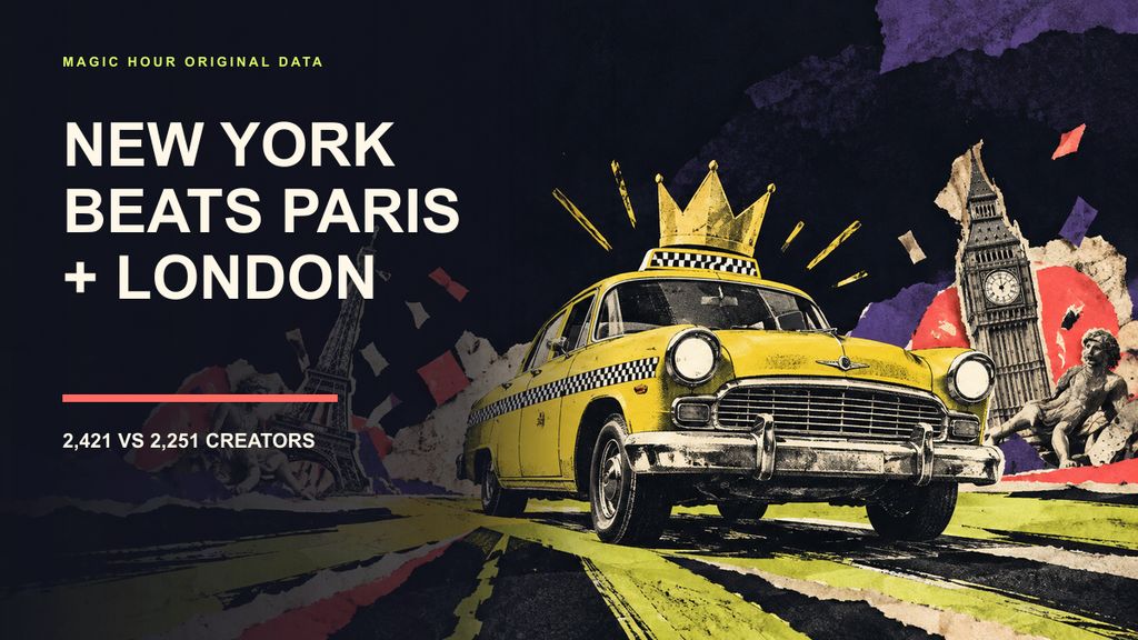 New York taxi crowned above miniature Paris and London landmarks
