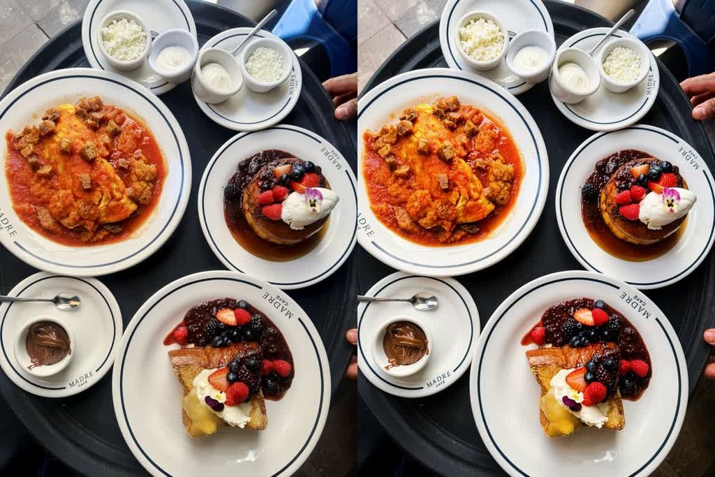 Before and after AI photo enhancement of a restaurant meal, with the original on the left and enhanced image on the right