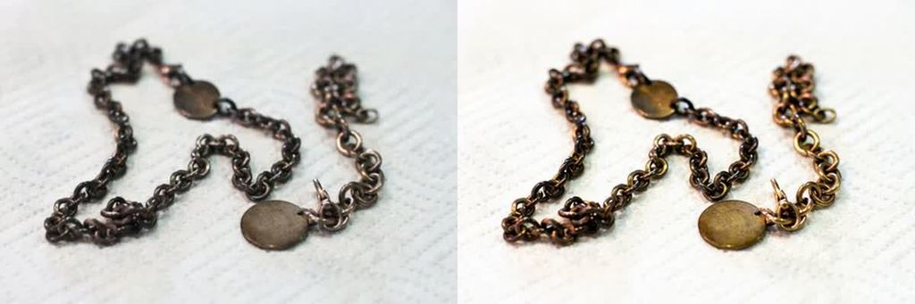 Before and after AI photo enhancement of a metal necklace, with the original on the left and enhanced image on the right